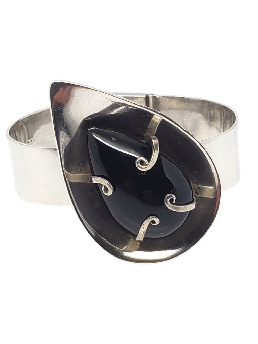 Taxco Mexico Sterling Silver Black Cabochon Hinged Bangle Bracelet #24678